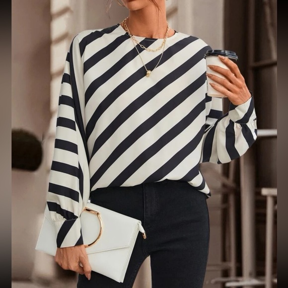 Classic Elegant Striped Print Batwing Sleeve Blouse Top Shirt - Picture 3 of 9